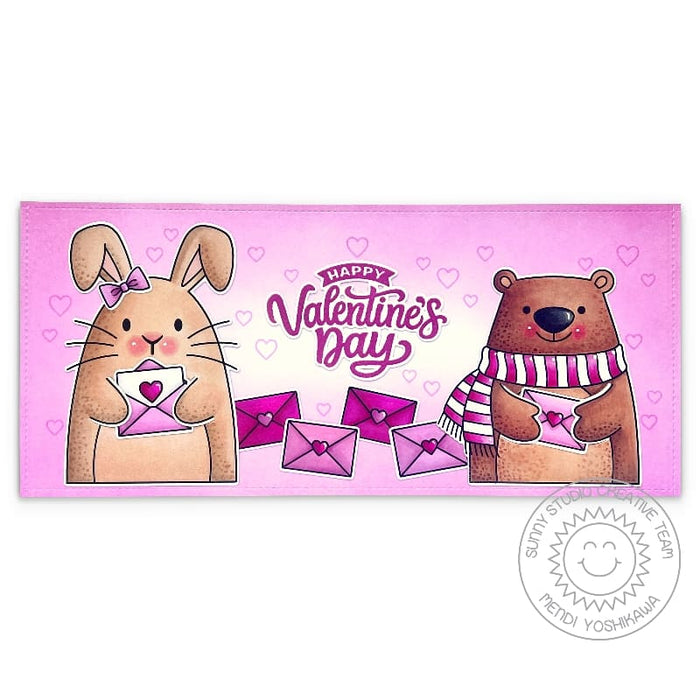 Sunny Studio Rabbit & Bear Sending Love Letters Slimline Valentine's Day Card using My Heart Script Sentiment Clear Stamps