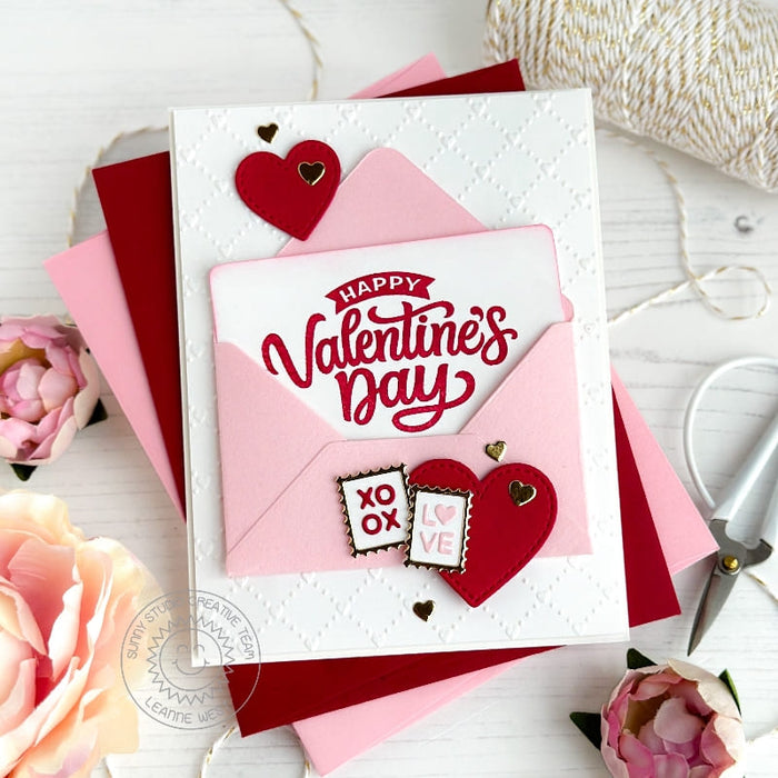 Sunny Studio Hearts & Postage Stamps with Envelope Embossed Valentine's Day Card using My Heart 3x4 Clear Sentiment Stamps