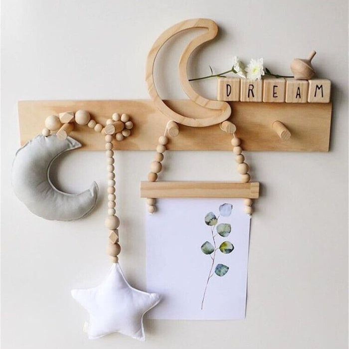 Nordic Wooden Bead Moon Star Nursery Decor - Cozy Nursery