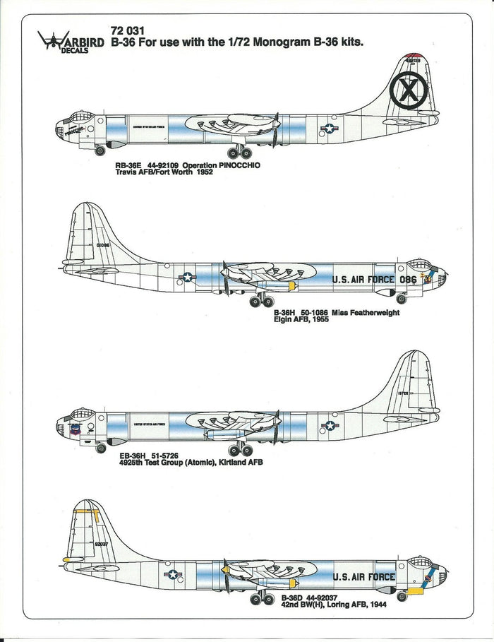 Nose Art B-36 Peacemaker Decals 1/72, Atomic Test Group, Loring AFB WBD 72 031