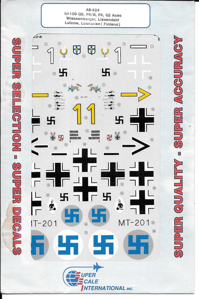 Open Envelope Super Scale Bf-109 G6, F4/B, F4 Aces Decals 1/48 424