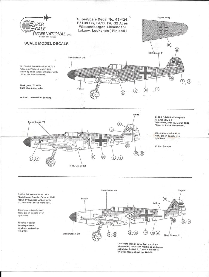 Open Envelope Super Scale Bf-109 G6, F4/B, F4 Aces Decals 1/48 424