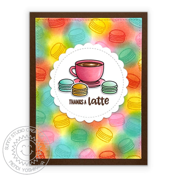 Sunny Studio Thanks A Latte Coffee & Colorful Macaron Thank You Card (using Paris Afternoon 4x6 Clear Stamps)