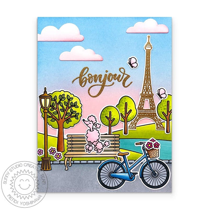 Sunny Studio Pink Poodle on Park Bench with Bicycle & Eiffel Tower Bonjour Card using using Paris Afternoon Clear Craft Stamps