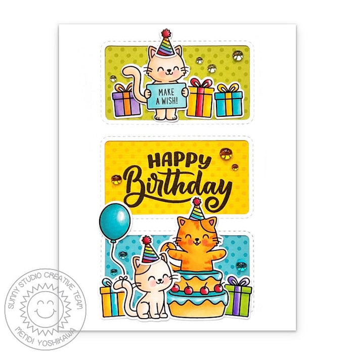 Sunny Studio Cats with Cake, Gifts & Balloons Happy Birthday Card with 3 Stitched Windows using Party Pets Clear Craft Stamps