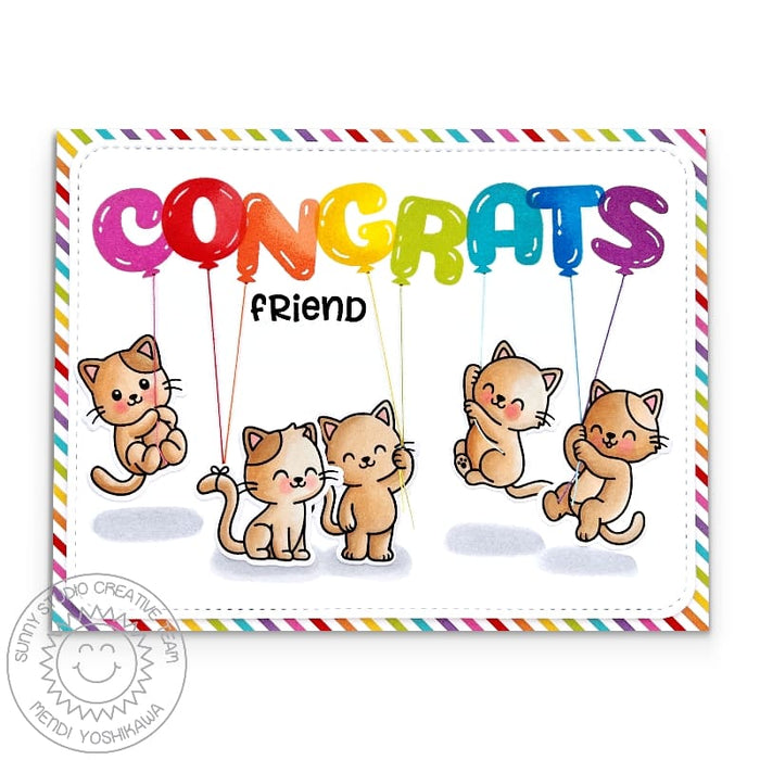 Sunny Studio Congrats Friend Cats Floating with Rainbow Alphabet Balloons Congratulations Card using Party Pets Clear Stamps