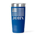 Insulated stainless tumbler with blue patriotic flag wrap and 'JOHN' name