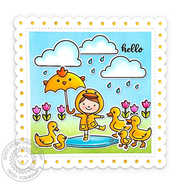 Sunny Studio Girl with Duck Umbrella & Ducks Scalloped Square Spring Hello Card using Puddle Jumpers 3x4 Clear Craft Stamps