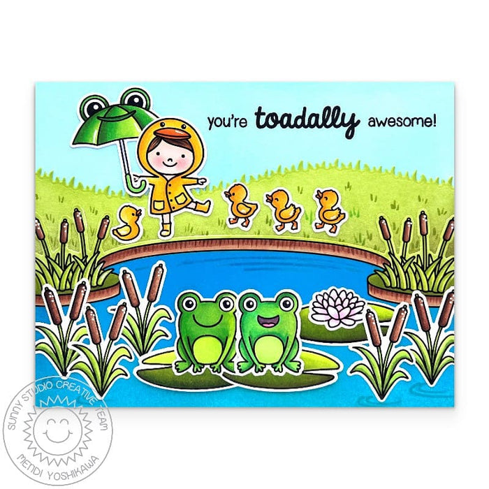 Sunny Studio Girl with Frog Umbrella & Ducks Toadally Awesome Spring Pond Scene Card using Puddle Jumpers Clear Craft Stamps