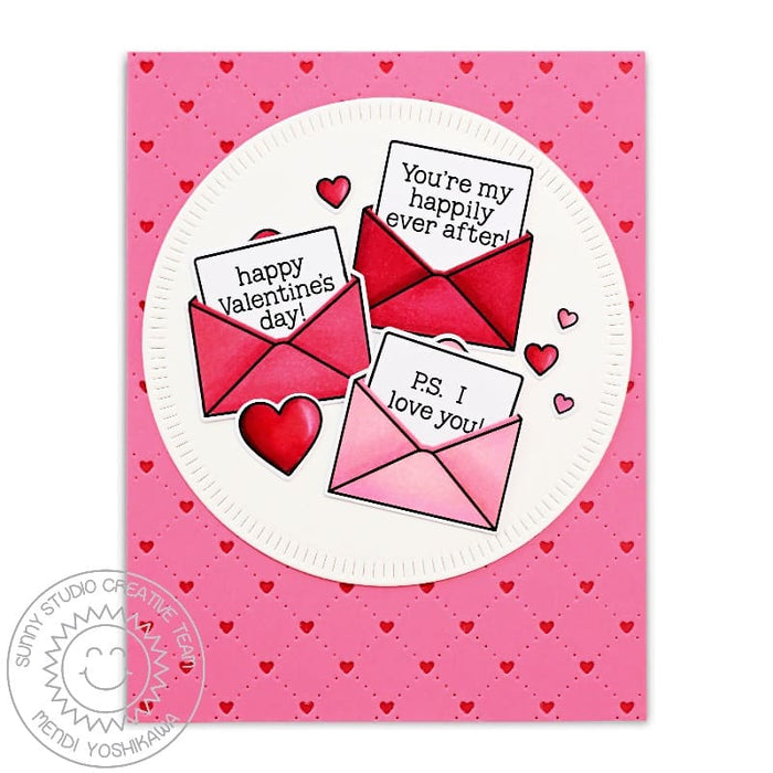 Sunny Studio Stamps Mini Love Notes in Pink Envelopes Red Heart Valentine's Day Card using Radiating Circles Metal Craft Dies