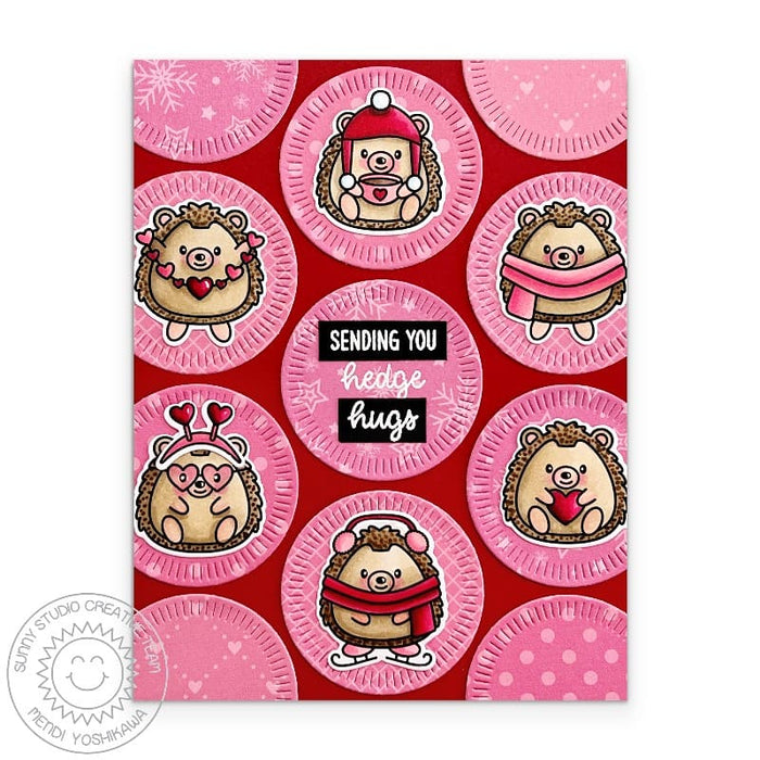 Sunny Studio Stamps Hedgehog Red & Pink "Sending You Hedge Hugs" Punny Card using Radiating Circles Metal Cutting Craft Dies