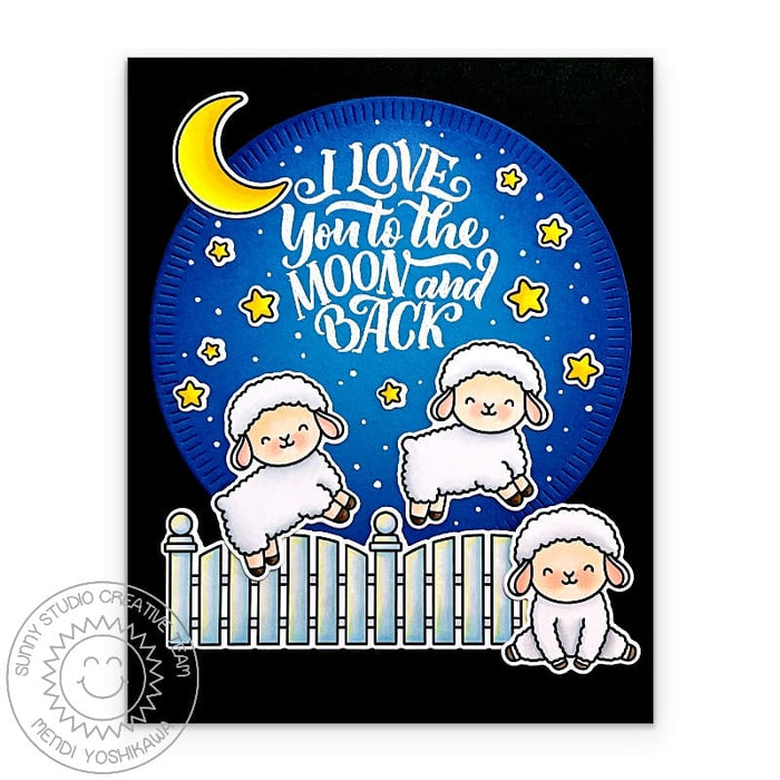 Sunny Studio Stamps Counting Sheep Leaping Fence I Love You To The Moon & Back Card using Radiating Circles Metal Craft Dies