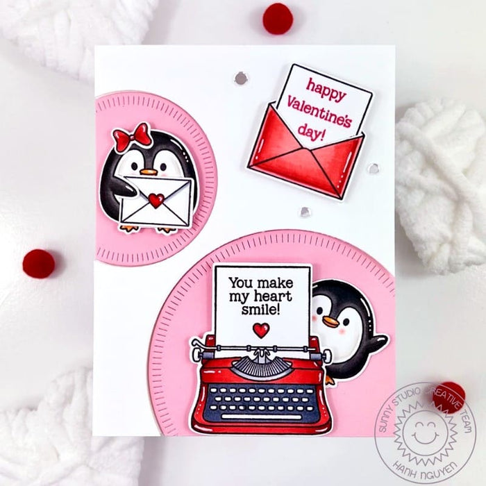 Sunny Studio Stamps Penguins with Love Notes & Typewriter Pink Valentine's Day Card using Radiating Circles Metal Craft Dies
