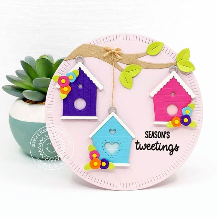 Sunny Studio Stamps Season's Tweetings Spring Birdhouse Circular Shaped Card using Radiating Circles Metal Cutting Craft Dies