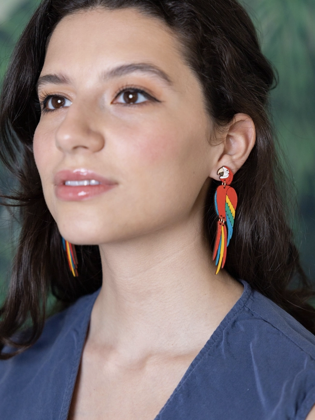 Red Macaw Stud Dangle Earrings