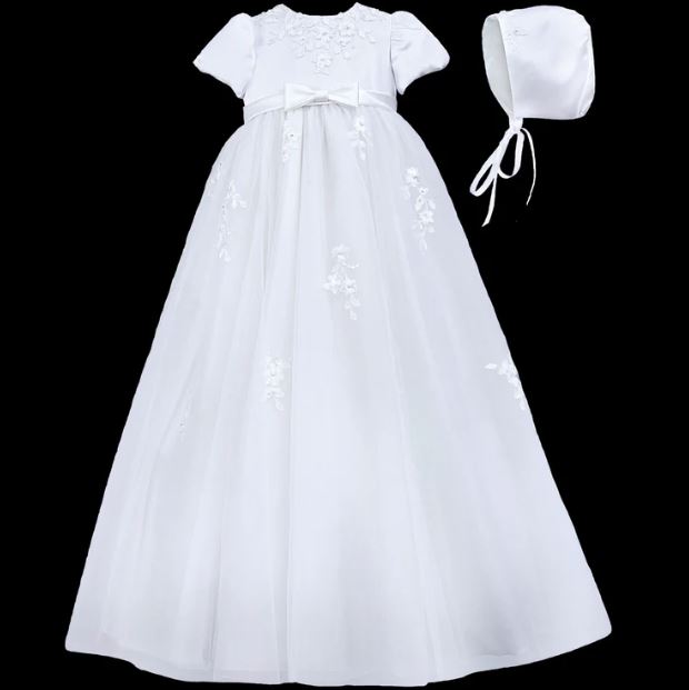 Sarah Louise Puff Sleeve Embroidered Christening Gown & Bonnet