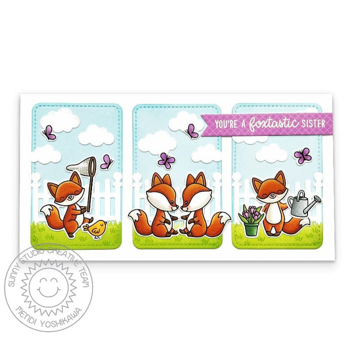 Sunny Studio Stamps Stitched Rounded Rectangle Scenes Fox Spring Sister Slimline Card using Scalloped Fence Metal Craft Dies