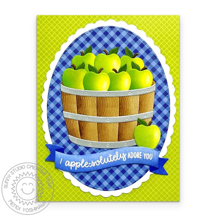 Sunny Studio Stamps Green Apples in Wood Barrel Blue Gingham Punny Fall Autumn Card using Scalloped Oval Mat 1 Craft Dies