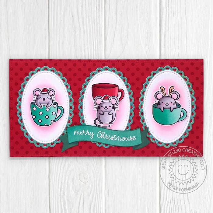 Sunny Studio Stamps Mice in Mugs Merry Christmouse Mini Slimline Holiday Card (using Scalloped Oval Mat 3 Cutting Dies)