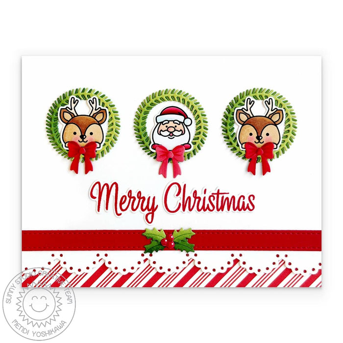 Sunny Studio Stamps Santa Claus & Reindeer Peeking in Wreath DIY Christmas Card using Sleigh Ride Surprise Metal Craft Dies
