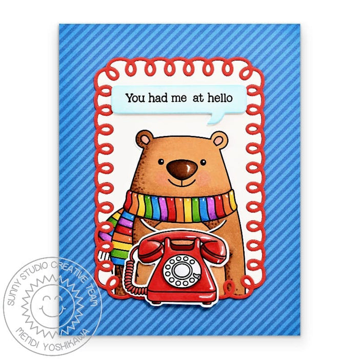 Sunny Studio Stamps You Had Me At Hello Bear with Vintage Photo Telephone Rainbow Card using Speech Bubbles Extras Craft Dies