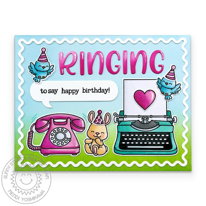 Sunny Studio Stamps Bunny with Typewriter & Phone Ringing to Say Happy Birthday Card using Speech Bubbles Extras Craft Dies