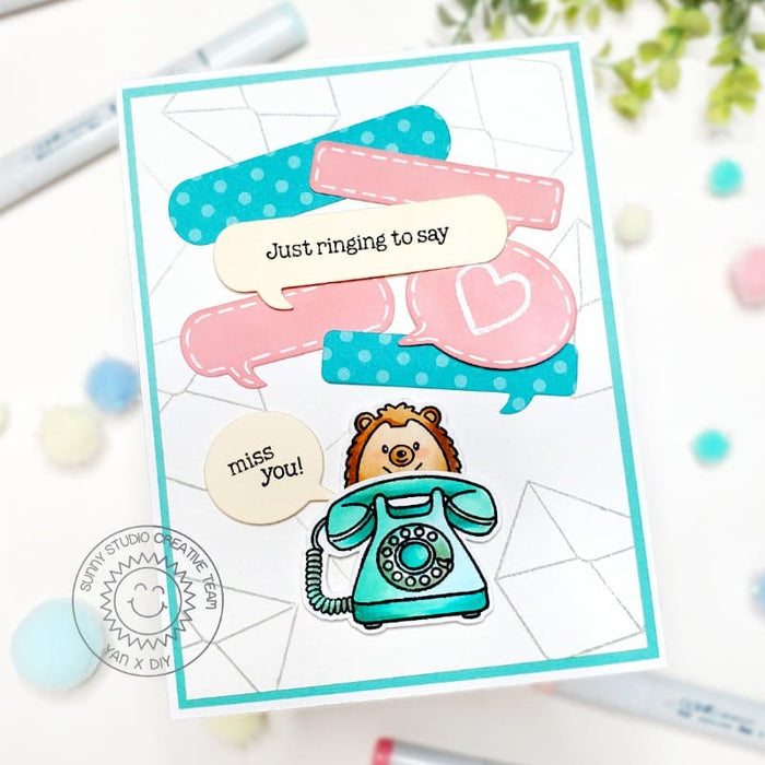 Sunny Studio Stamps Just Ringing to Say Miss You Hedgehog & Retro Telephone Card using Speech Bubbles Extras Metal Craft Dies