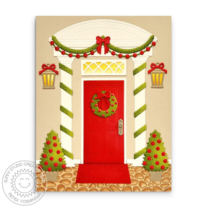 Sunny Studio Front Door with Bow Wreath Holiday Christmas Card using Sprawling Surfaces Cobblestone Border Clear Craft Stamps