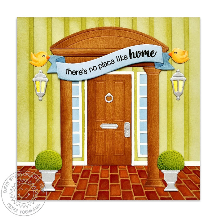 Sunny Studio There's No Place Like Home Front Door House Card using Sprawling Surfaces Brick Border Clear Craft Stamps