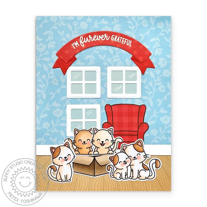 Sunny Studio I'm Furever Grateful Punny Cats in Box Living Room Home Thank You Card using Sprawling Surfaces Clear Stamps