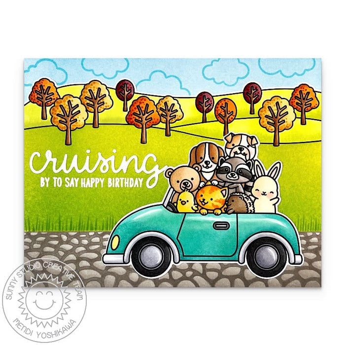 Sunny Studio Cruising Critters in Car Autumn Fall Birthday Card using Sprawling Surfaces Cobblestone Clear Craft Stamps