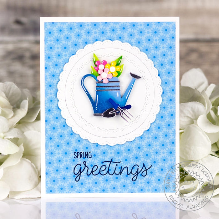 Sunny Studio Stamps Flowers in Blue Watering Can Handmade Greeting Card using Spring Garden Metal Cutting Craft Dies