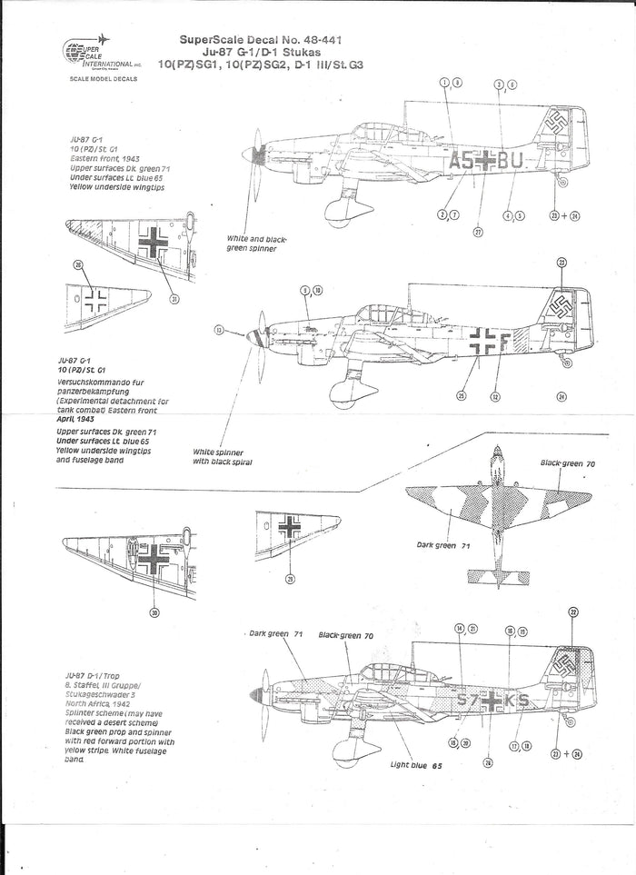 Super Scale Ju-87 G-1/ D-1 Stuka Decals in 1/48 441