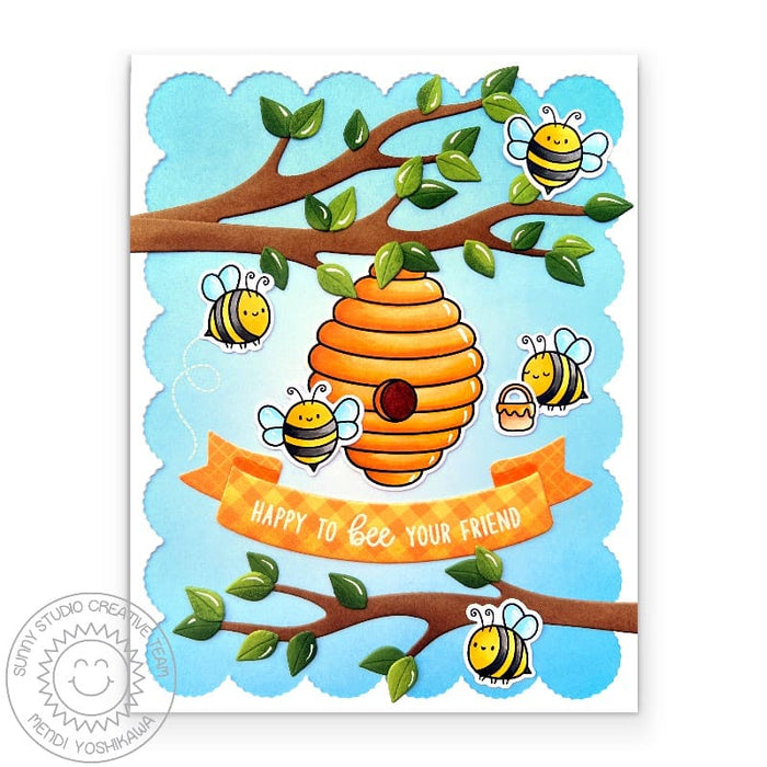 Sunny Studio Happy To Bee Your Friend Bumblebee & Beehive Handmade Friendship Card using Sweet as Can Bee Clear Craft Stamps