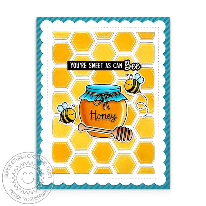 Sunny Studio Bumblebees with Jar of Honey & Dripper Honeycomb Hexagon Handmade Card using Sweet As Can Bee Clear Craft Stamps