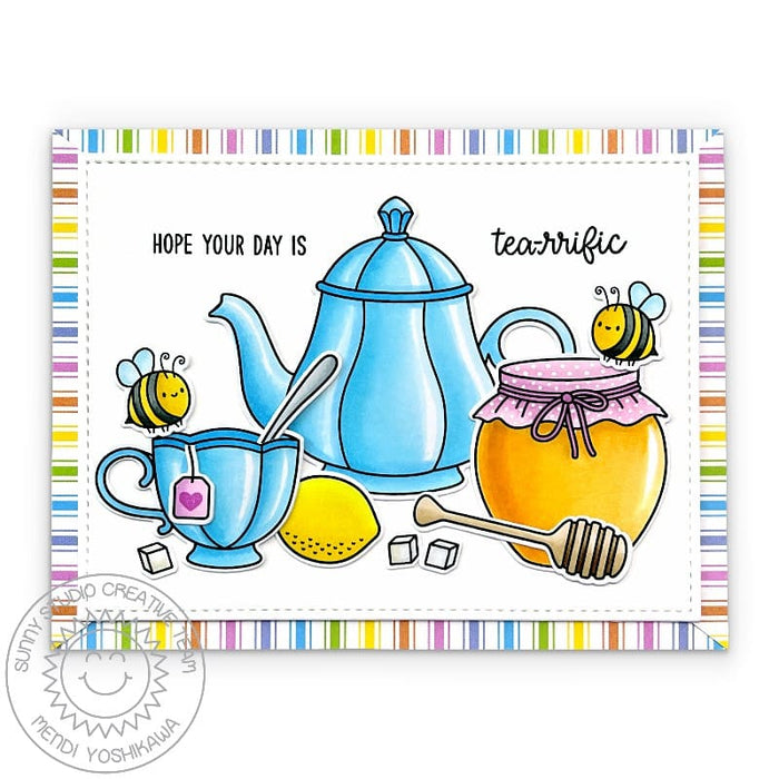Sunny Studio Teapot, Teacup, Honey, & Bumblebee Tea-riffic Day Card using Afternoon Tea & Sweet As Can Bee Clear Craft Stamps