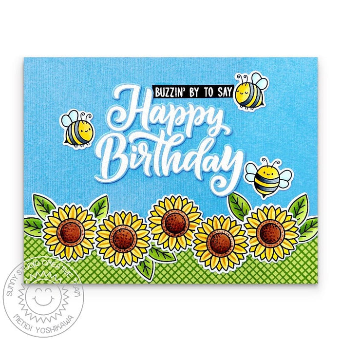Sunny Studio Buzzin' By To Say Happy Birthday Bumblebee & Sunflowers Handmade Card using Sweet as Can Bee Clear Craft Stamps