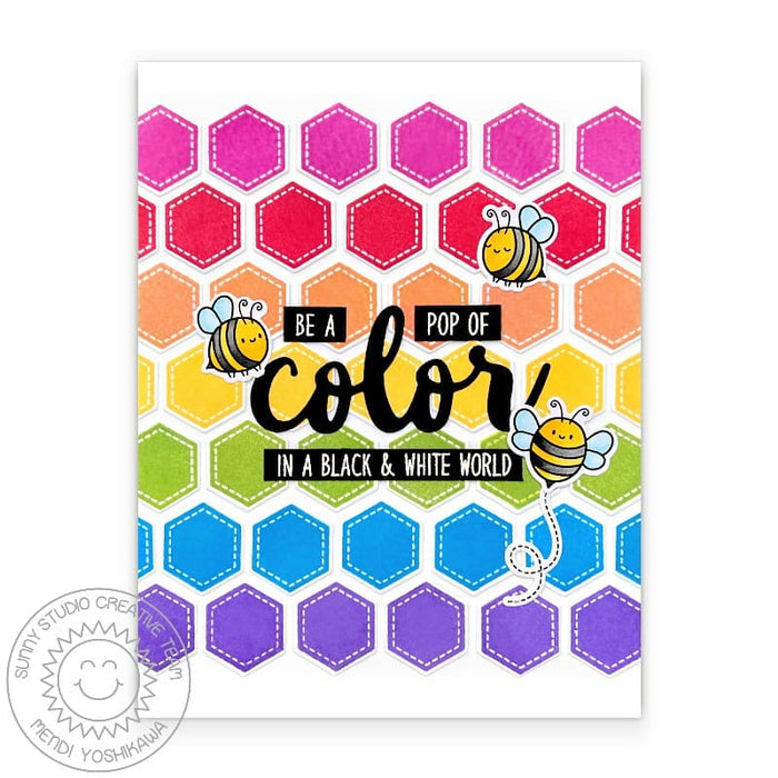 Sunny Studio Be A Pop of Color In a Black & White World Rainbow Hexagons Bumblebee Card using Sweet As Can Bee Clear Stamps