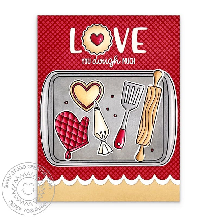 Sunny Studio Stamps Baking Heart Cookie Tray Love You Dough Much Valentine's Day Card using Sydney Alphabet Metal Craft Dies