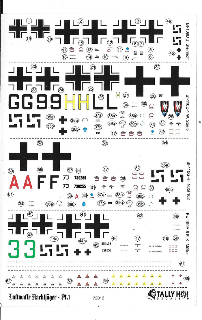 Tally Ho!  Luftwaffe Nachtjager Part I,  Bf-109D, Fw-190A6, Bf-110C1/ G4 Decals 1/72 012