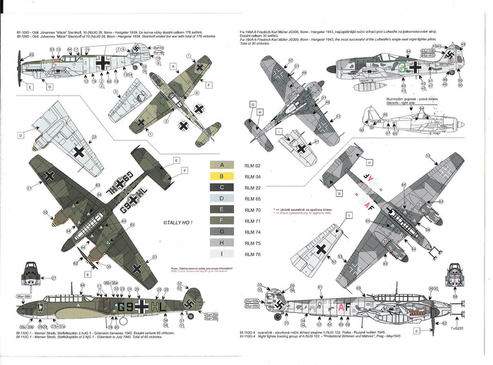 Tally Ho!  Luftwaffe Nachtjager Part I,  Bf-109D, Fw-190A6, Bf-110C1/ G4 Decals 1/72 012