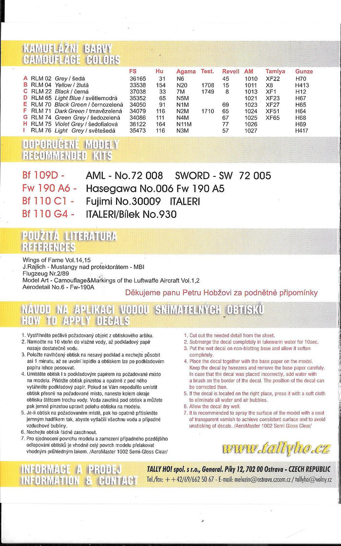 Tally Ho!  Luftwaffe Nachtjager Part I,  Bf-109D, Fw-190A6, Bf-110C1/ G4 Decals 1/72 012