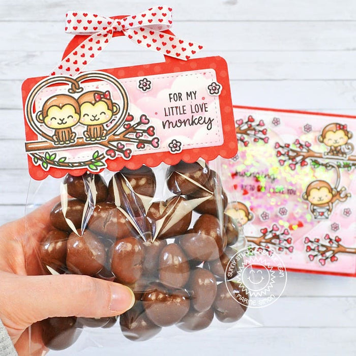 Sunny Studio Stamps For My Little Love Monkey Valentine's Day Chocolate Hearts Gift using Treat Bag Topper Metal Cutting Dies