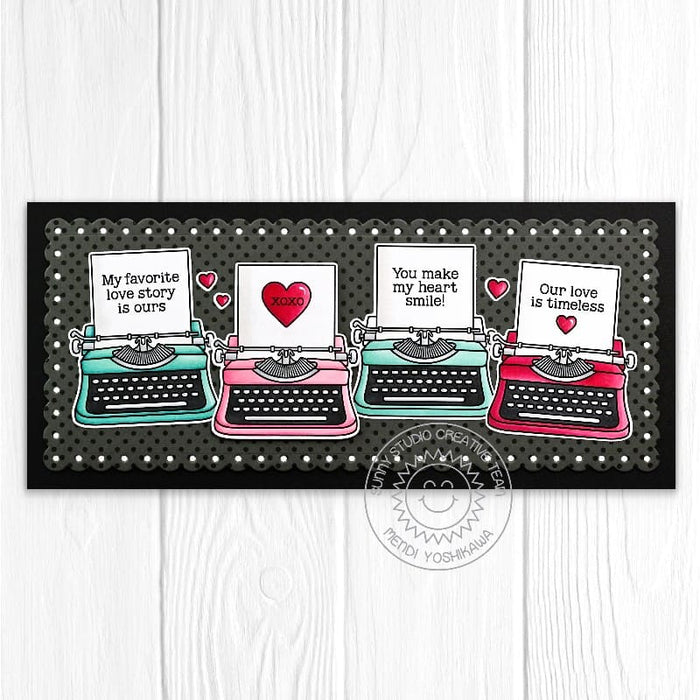 Sunny Studio Retro Typewriter Scalloped Valentine's Day Love-themed Slimline Card using Vintage Valentine Clear Craft Stamps