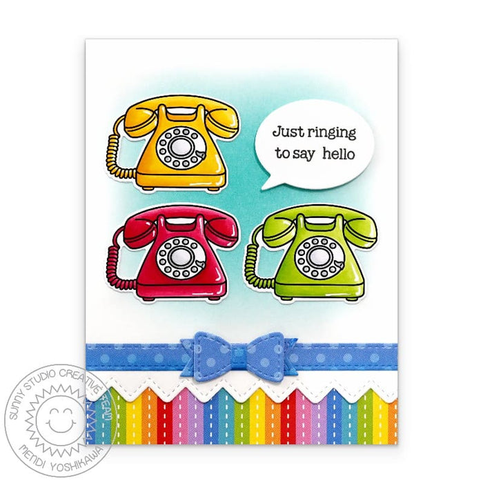 Sunny Studio Retro Telephone Phone Ringing to Say Hello Rainbow Striped Card using Vintage Valentine 4x6 Clear Craft Stamps