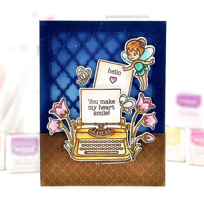 Sunny Studio You Make My Heart Smile Garden Fairy with Typewriter & Flowers Card using Vintage Valentine Clear Craft Stamps