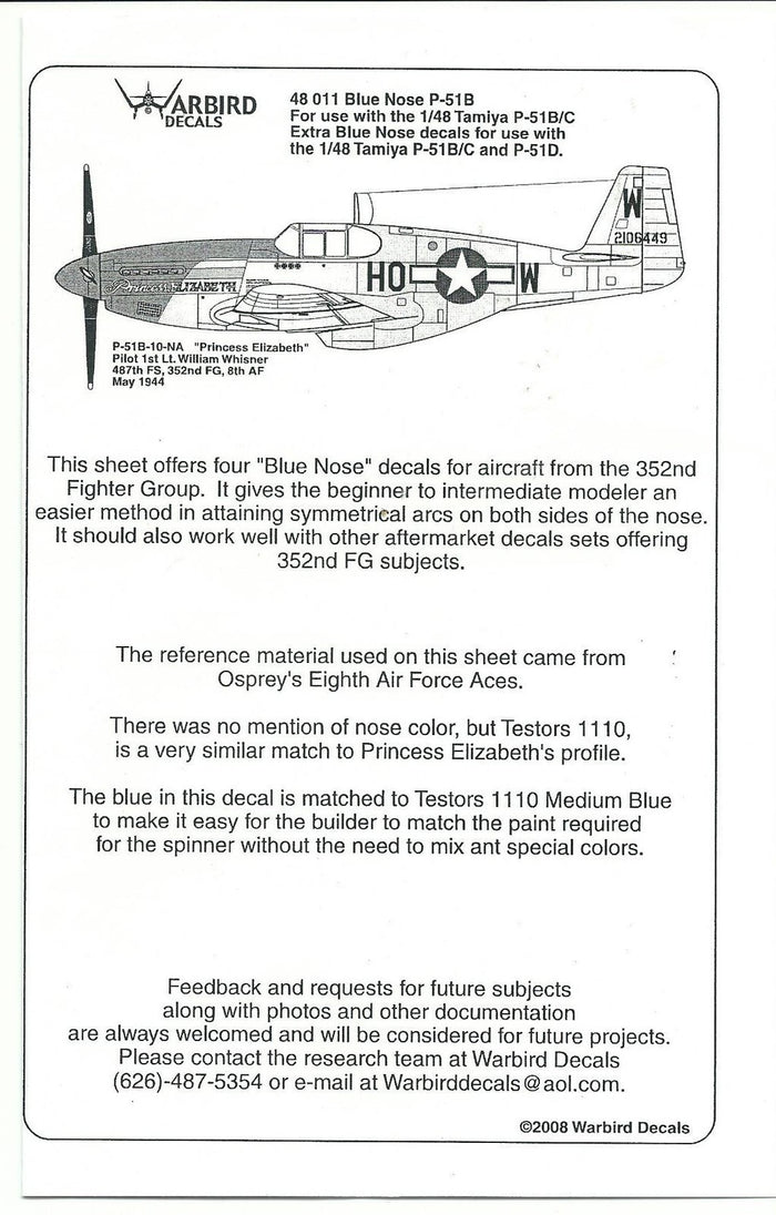 Warbird 352nd FG Blue Nose Decals 1/48, Princess Elizabeth WBD 48 011