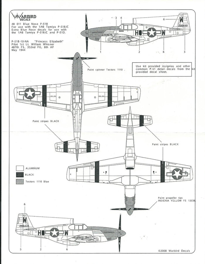 Warbird 352nd FG Blue Nose Decals 1/48, Princess Elizabeth WBD 48 011