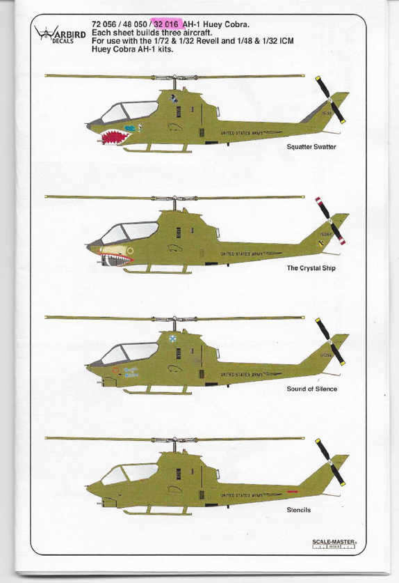 Warbird AH-1 Huey Cobra Decals 1/32 016, 3 Vietnam War Options