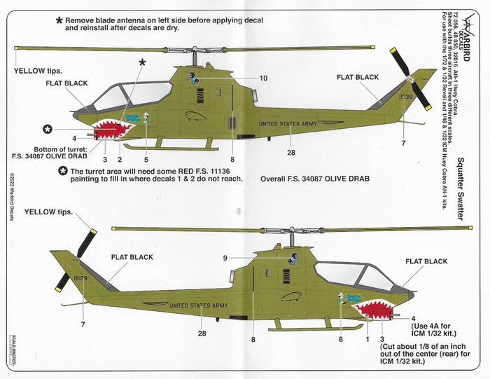 Warbird AH-1 Huey Cobra Decals 1/32 016, 3 Vietnam War Options